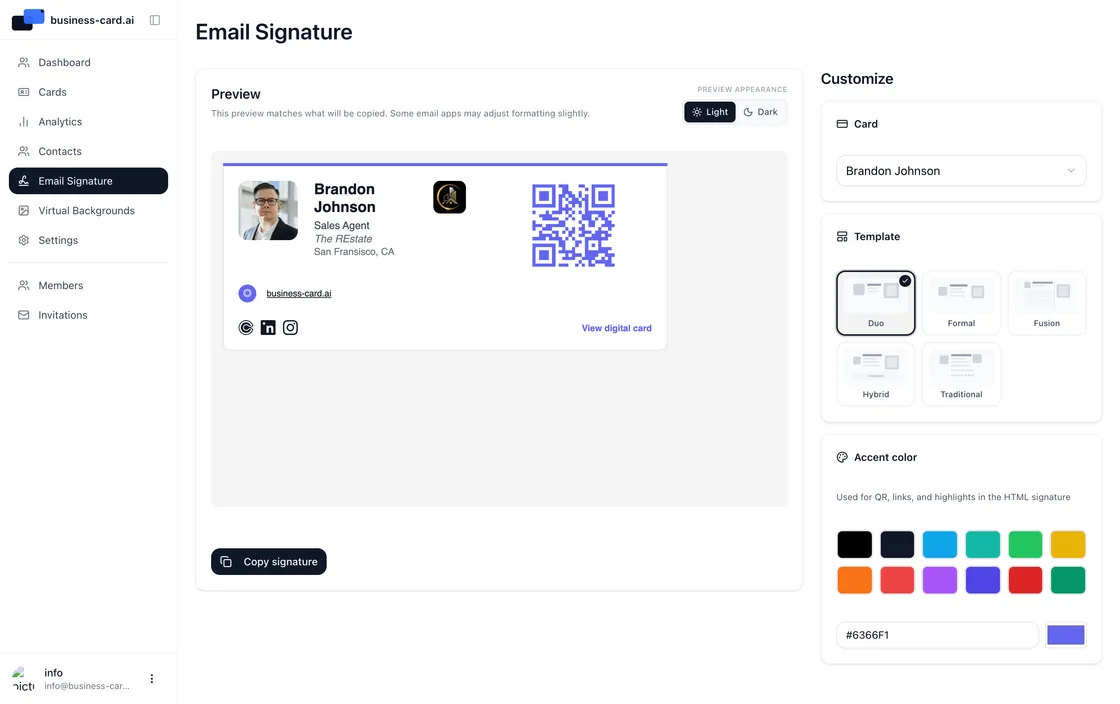One brand identity applied consistently across a card and email signature