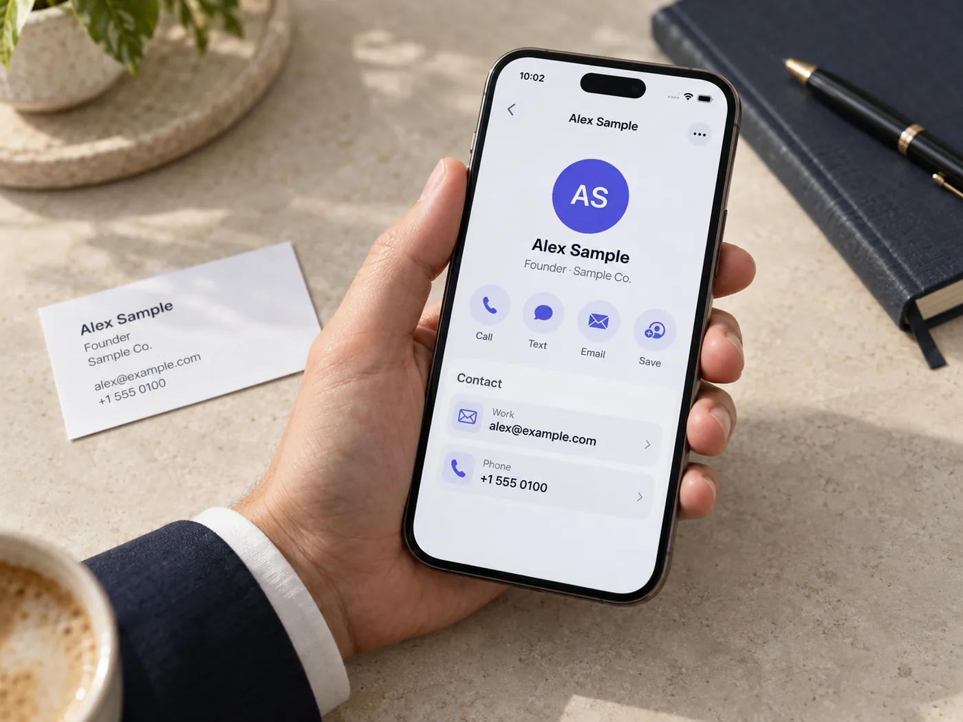 Reviewing saved contact details on a phone beside a sample paper business card.