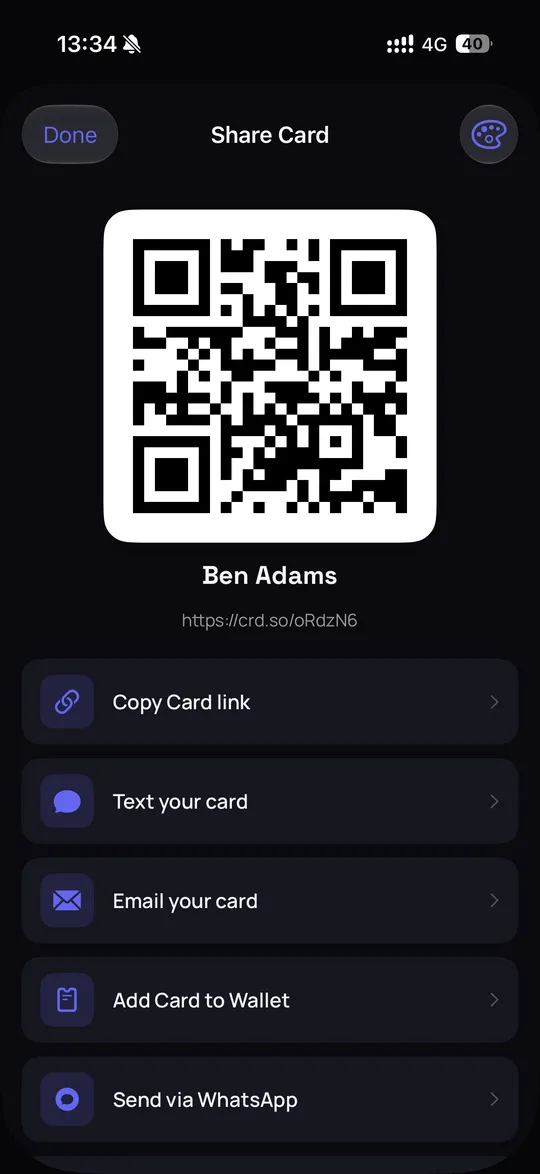 Sharing a business-card.ai card by QR code, link, text, email, Wallet or WhatsApp